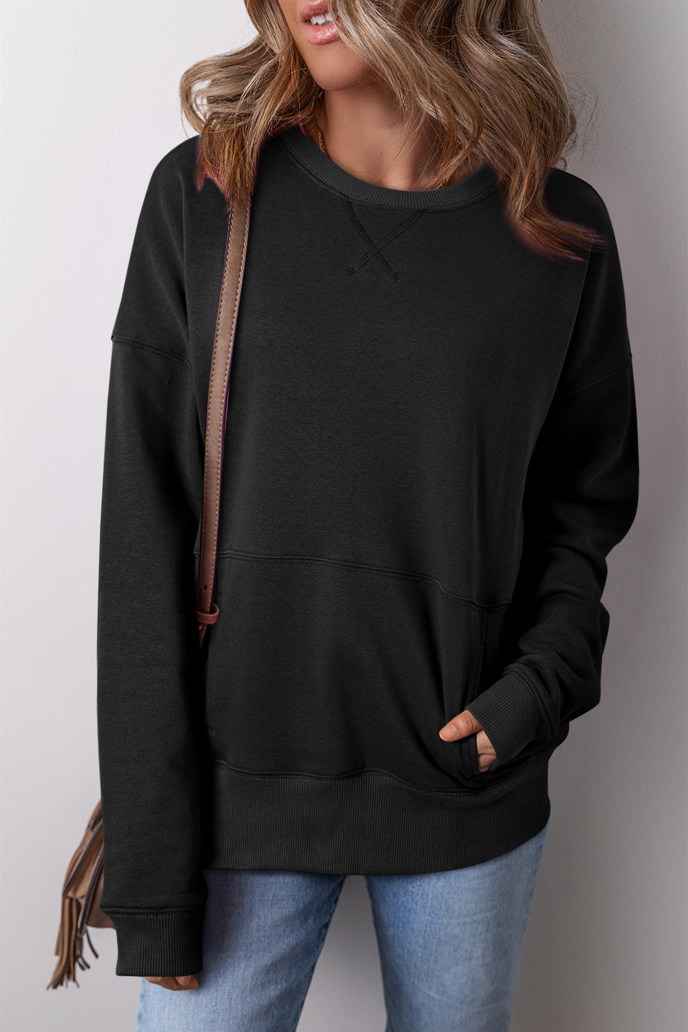 Rose Red Kangaroo Pocket Loose Fit Drop Shoulder Sweatshirt