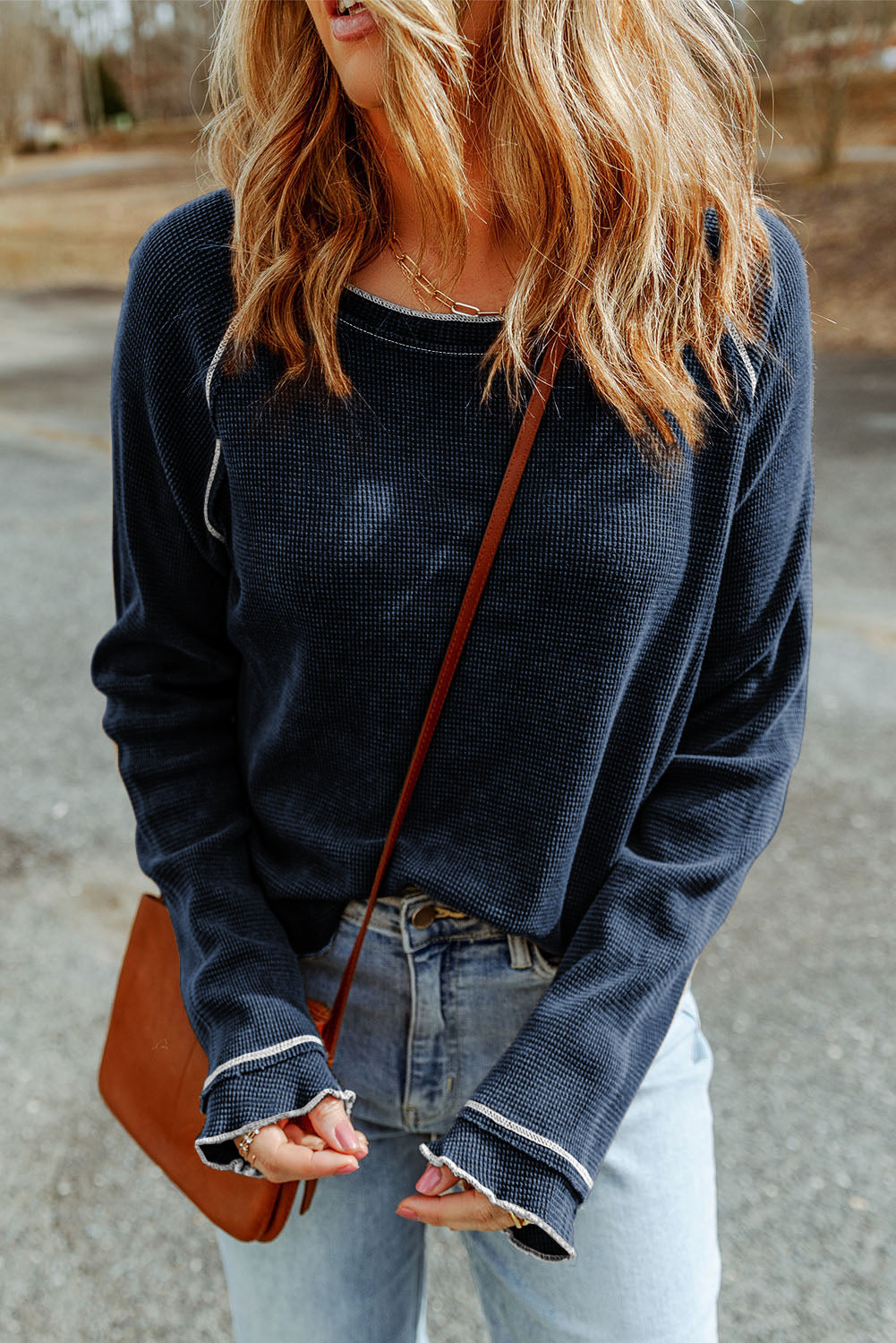 Blue Exposed Seam Textured Pullover Long Sleeve Top