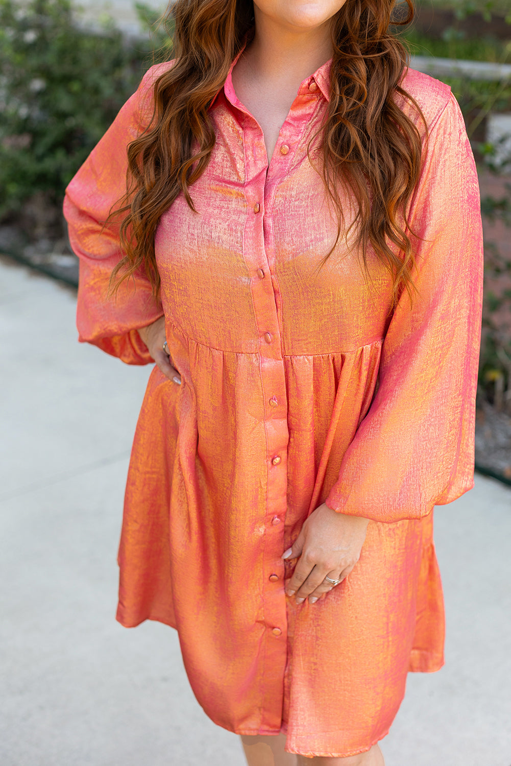 Peach Blossom Metallic Button-up Balloon Sleeve Plus Size Mini Dress