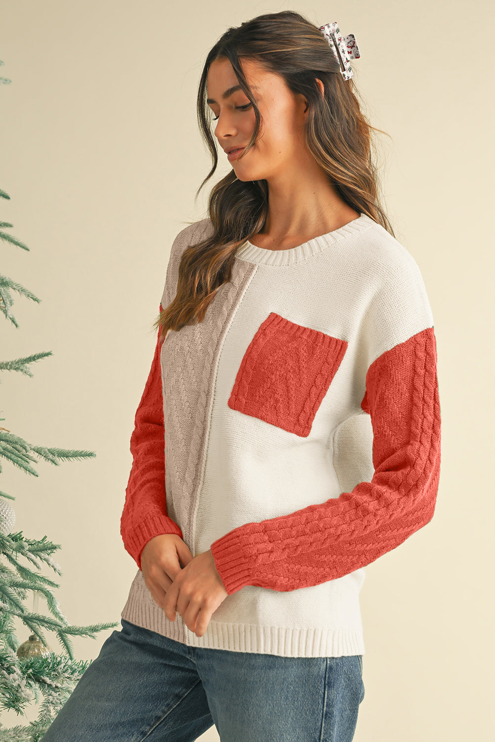 Vineyard Green Colorblock Pocket Drop Shoulder Sweater