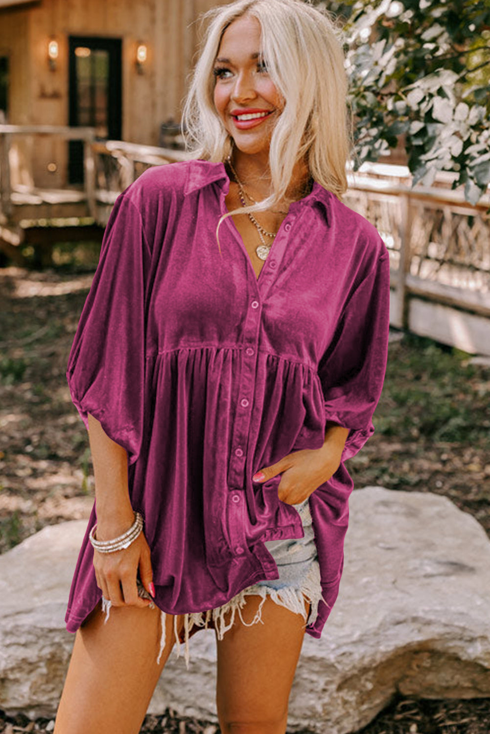 Khaki Lantern Sleeve Tunic Babydoll Velvet Shirt