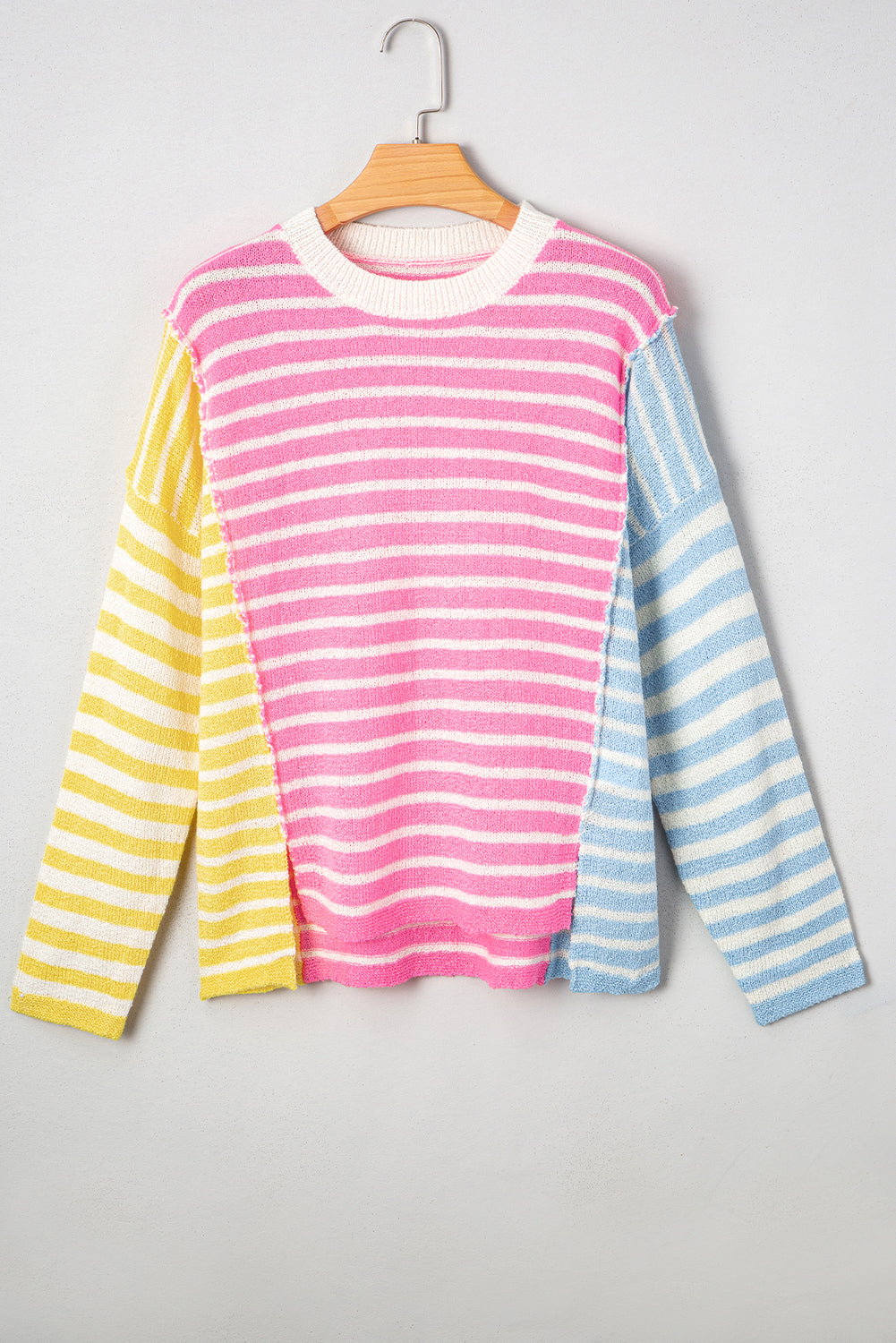 Colorblock Striped Patchwork Dolman Sleeve Slit Lightweight Sweater