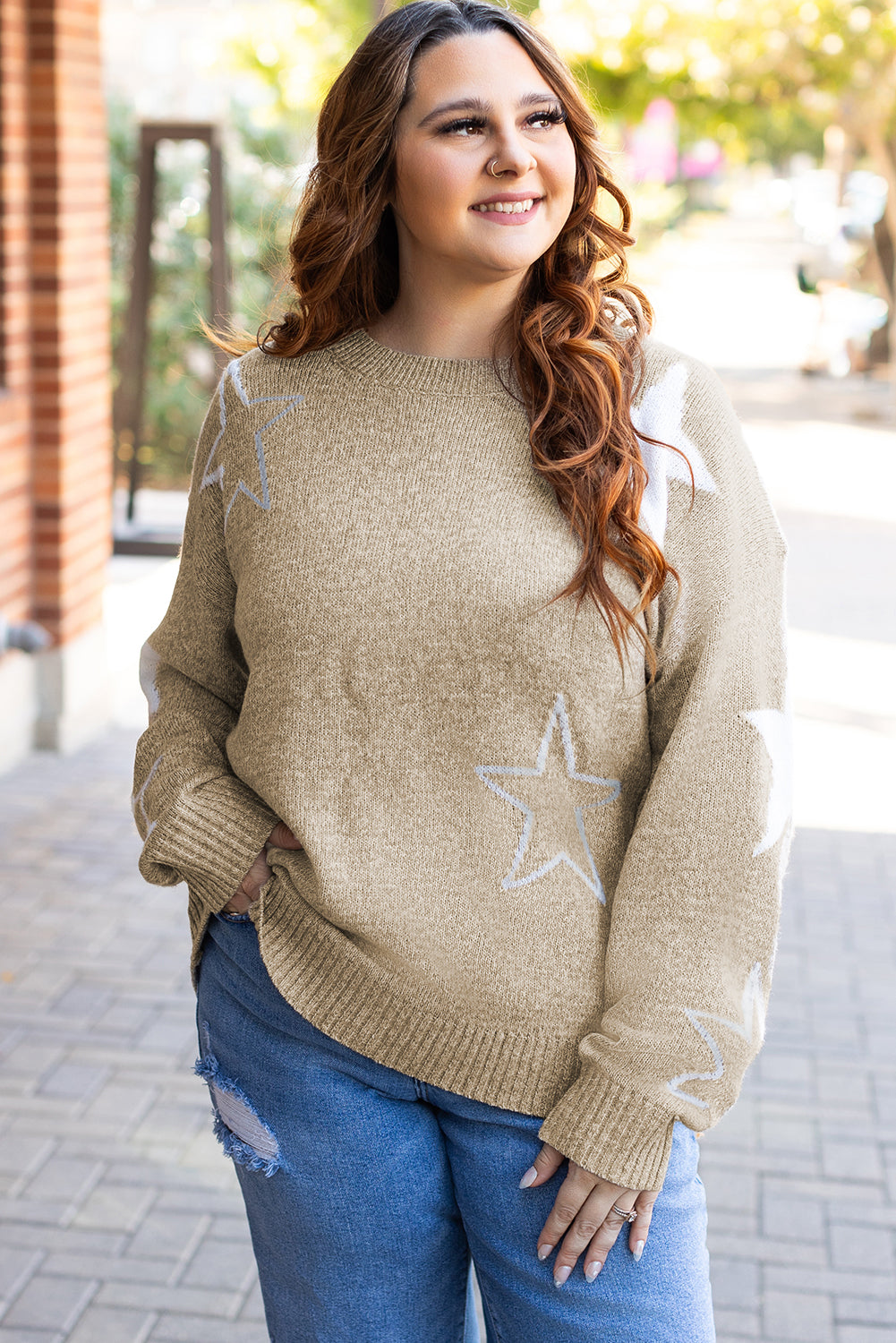 Khaki Star Pattern Drop Shoulder Sweater