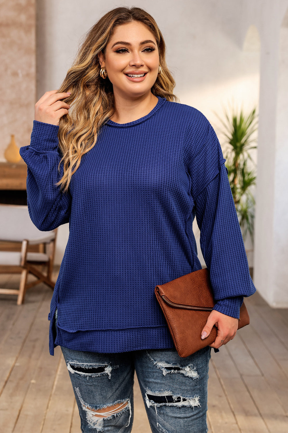 Dark Blue Waffle Knit Exposed Seam Patchwork Plus Size Top