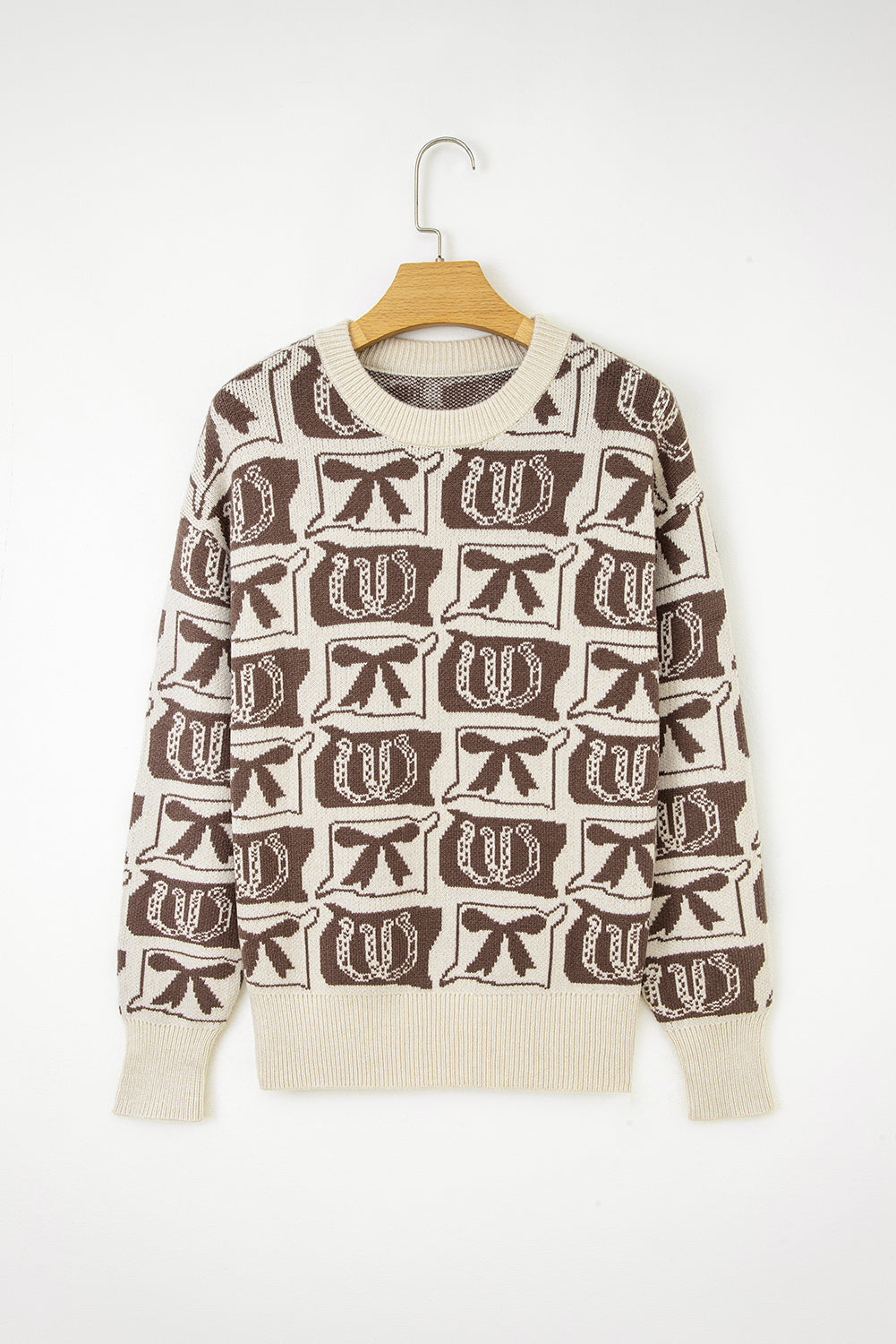 Brown Colorblock Bow Pattern Drop Sleeve Sweater