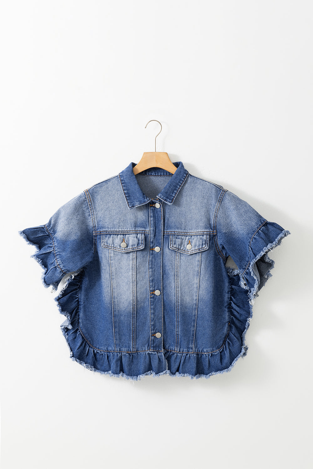 Peacock Blue Raw Edge Bell Short Sleeve Denim Jacket