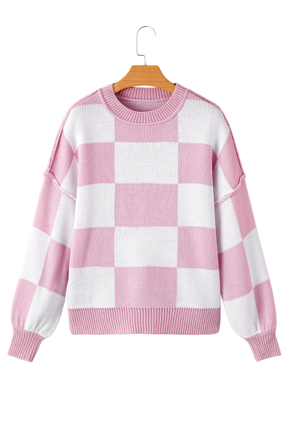 Rose Checkered Bishop Sleeve Pullover Sweater