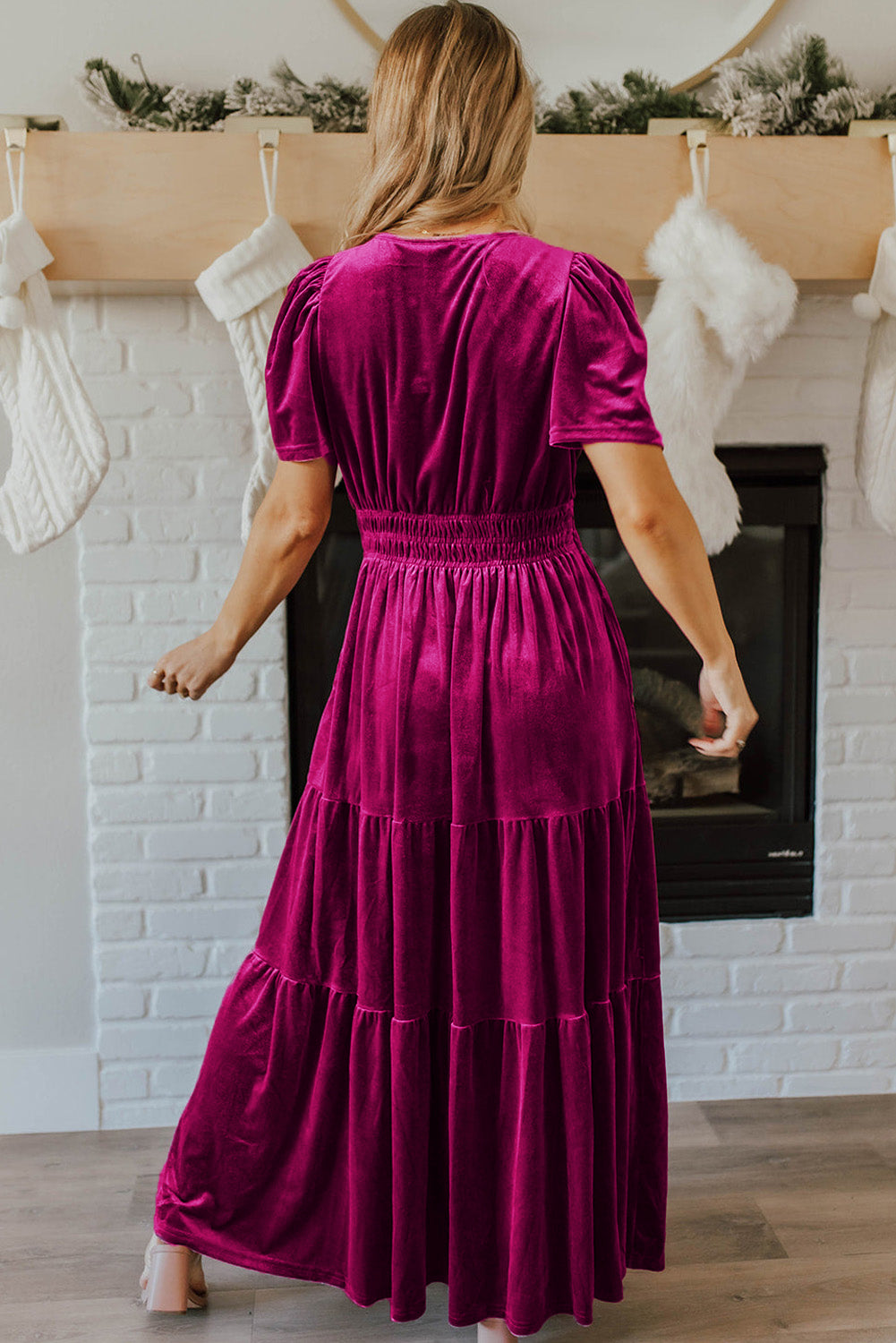 Chestnut Elegant Velvet Shirred Waist Tiered Maxi Dress