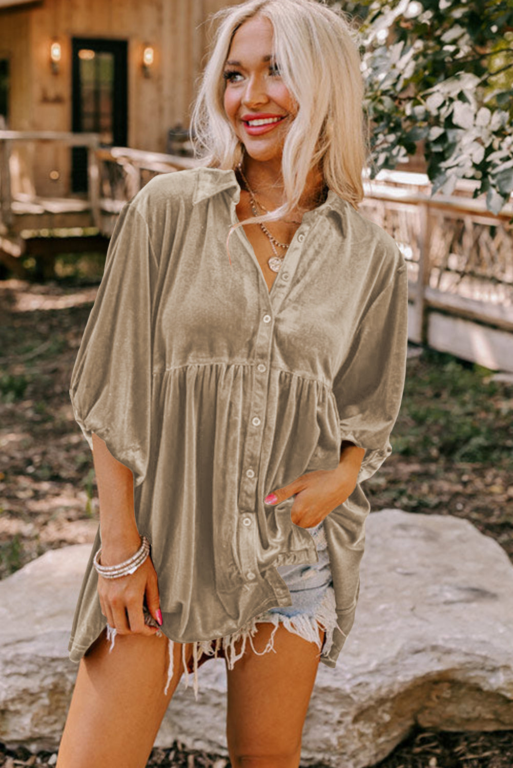 Khaki Lantern Sleeve Tunic Babydoll Velvet Shirt