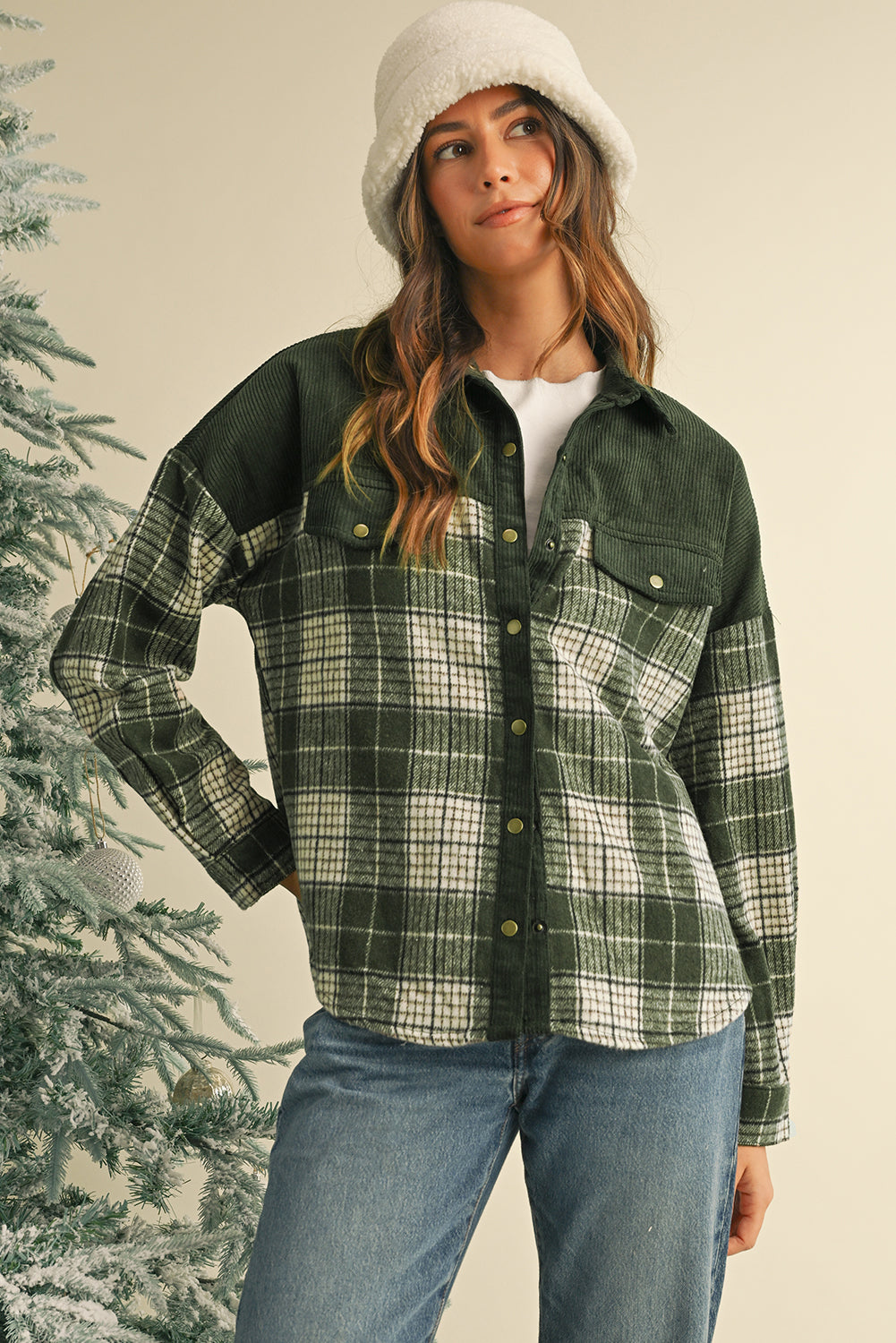 Blackish Green Snap Buttons Patchwork Plaid Shacket