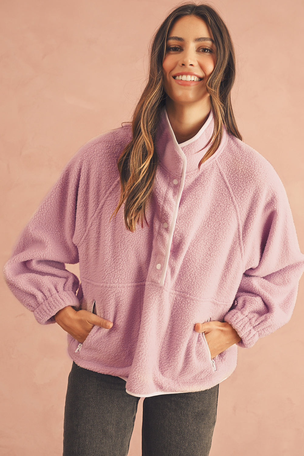 Fushia High Collar Long Sleeve Pocket Pullover Sweatshirt