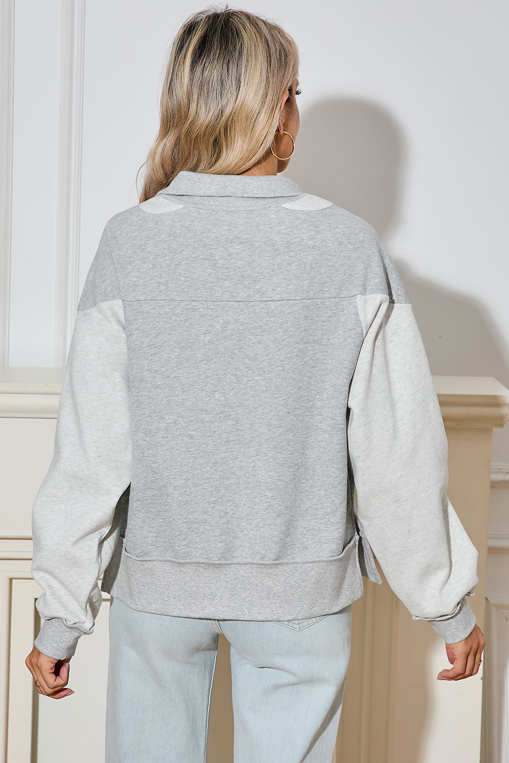 Gray Zip Collar Colorblock Side Slits Sweatshirt