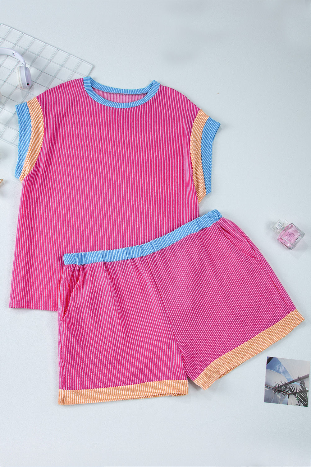 Bright Pink Ribbed Colorblock Plus Shorts Set