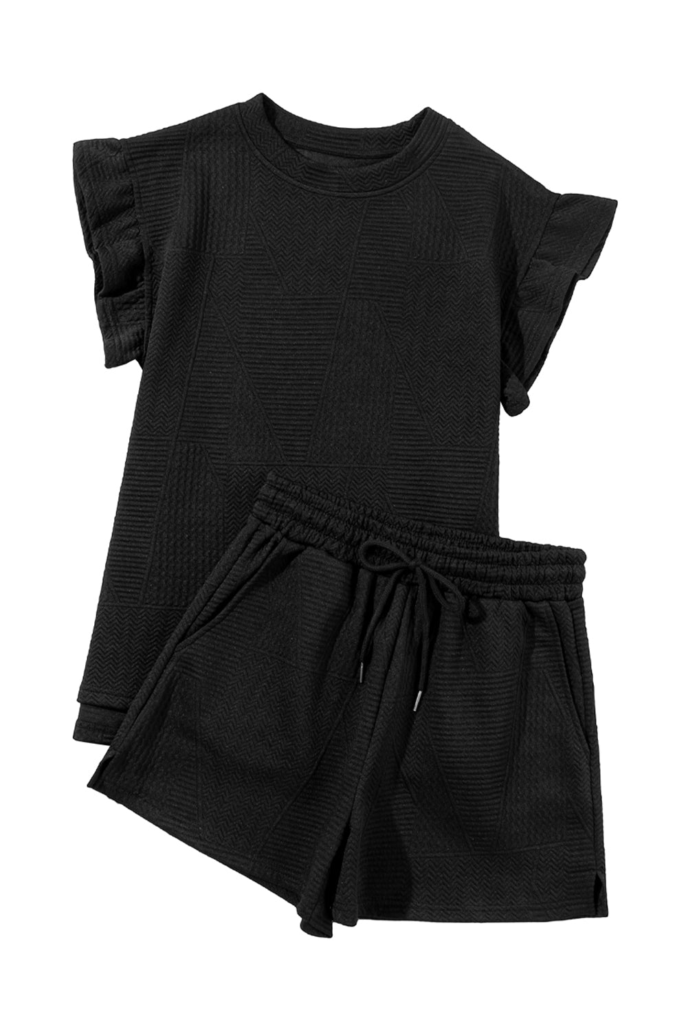 Black Textured Ruffle Split Top And Drawstring Shorts Set