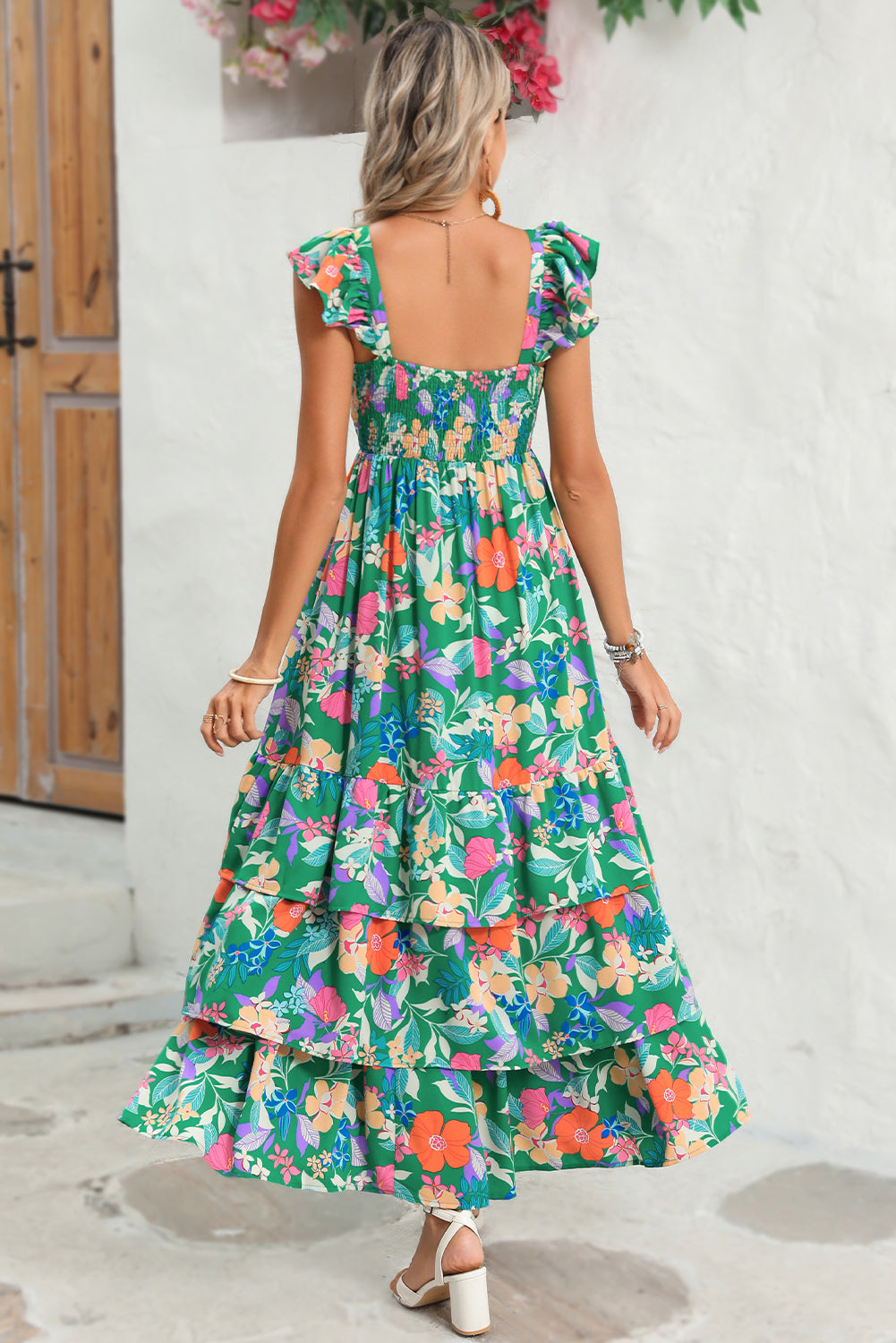 Pink Floral Print Sleeveless Ruffle Tiered Maxi Dress