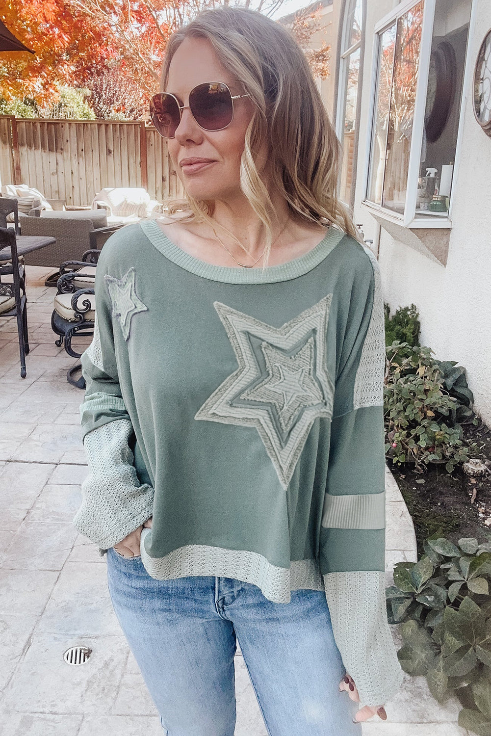 Mist Green Stars Patchwork Round Neck Plus Size Top