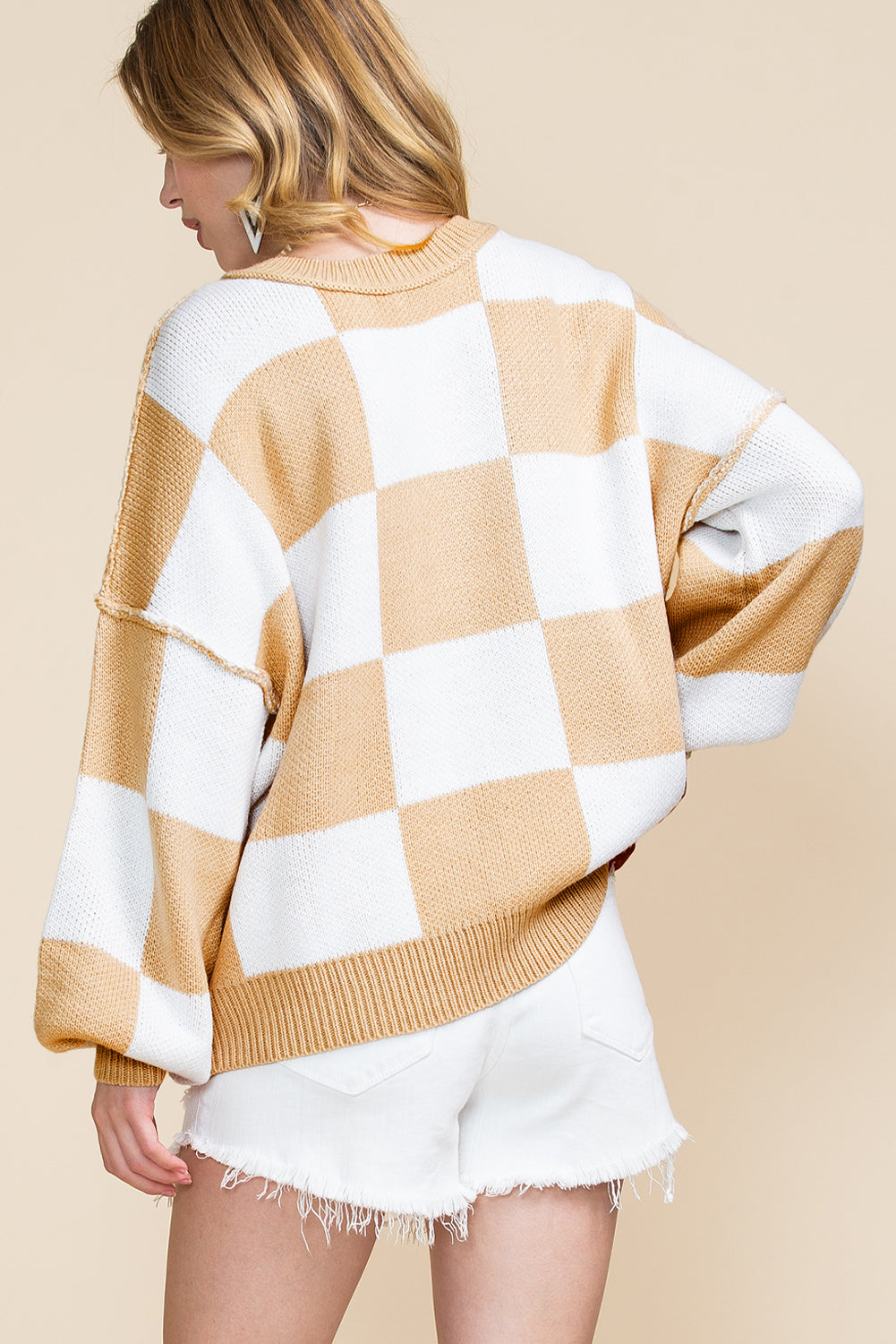 Rose Checkered Bishop Sleeve Pullover Sweater