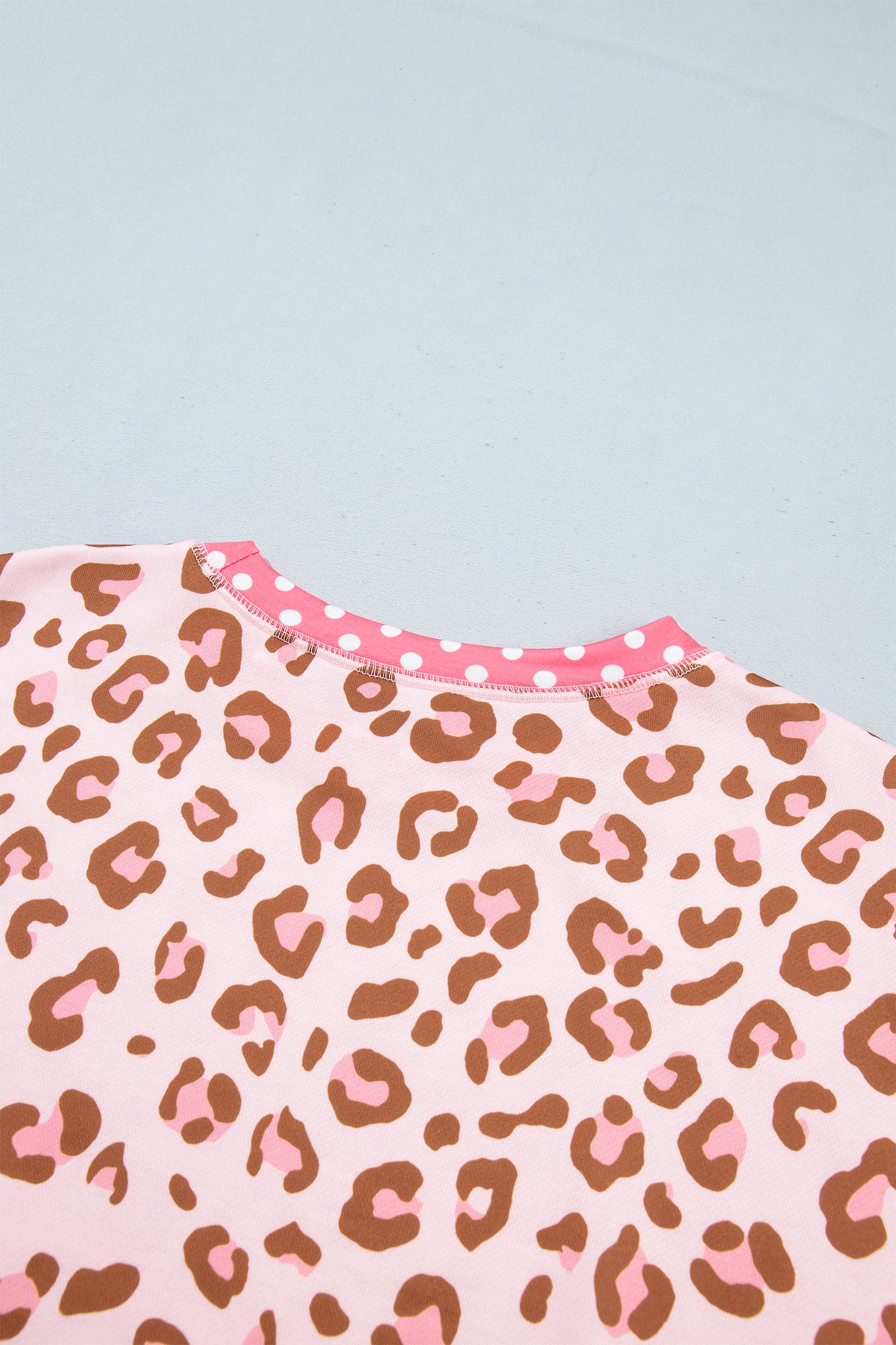Pink Leopard Polka Dot Colorblock Trim Long Sleeve Top