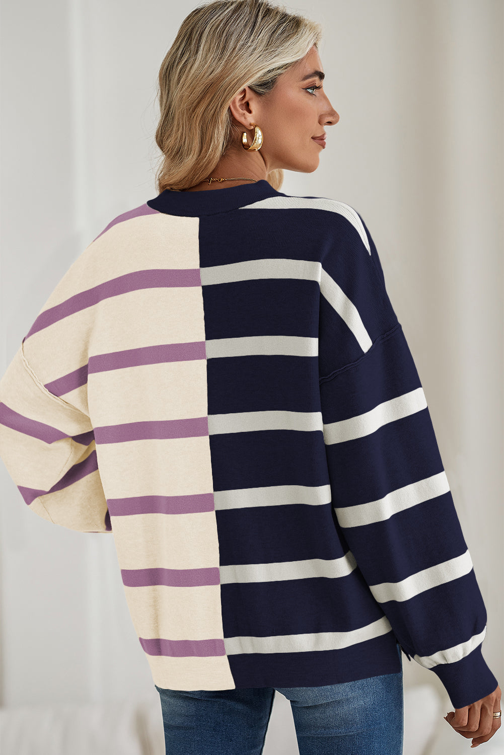 Khaki Stripe Exposed Seam Loose Sweatshirts