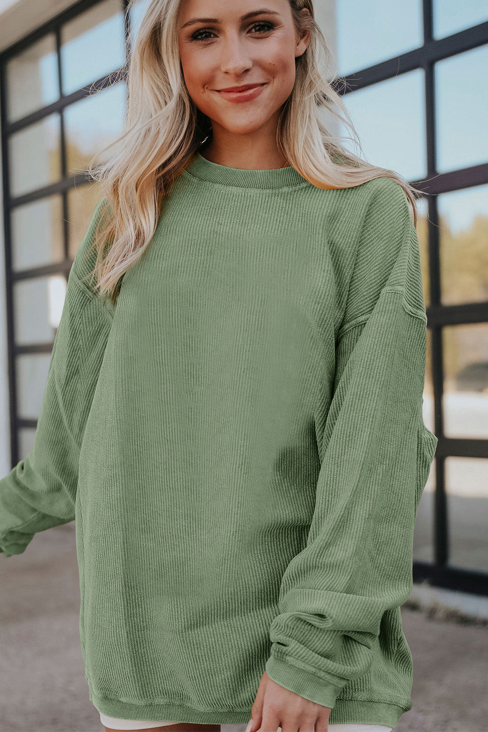 Grass Green Crinkle Rib Drop Shoulder Oversized Sweatshirt