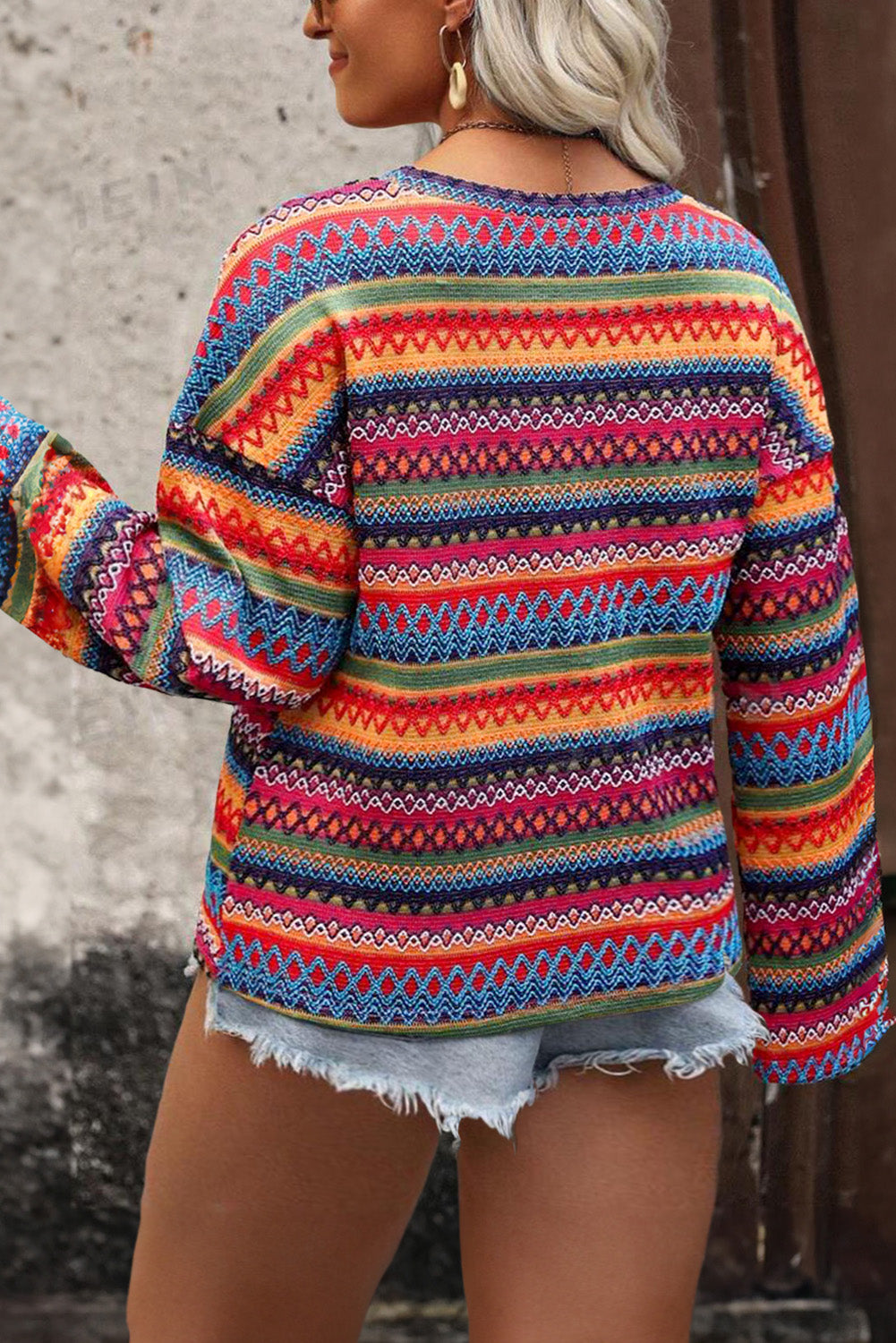 Multicolor Striped Print Long Sleeve Plus Size Knit Top