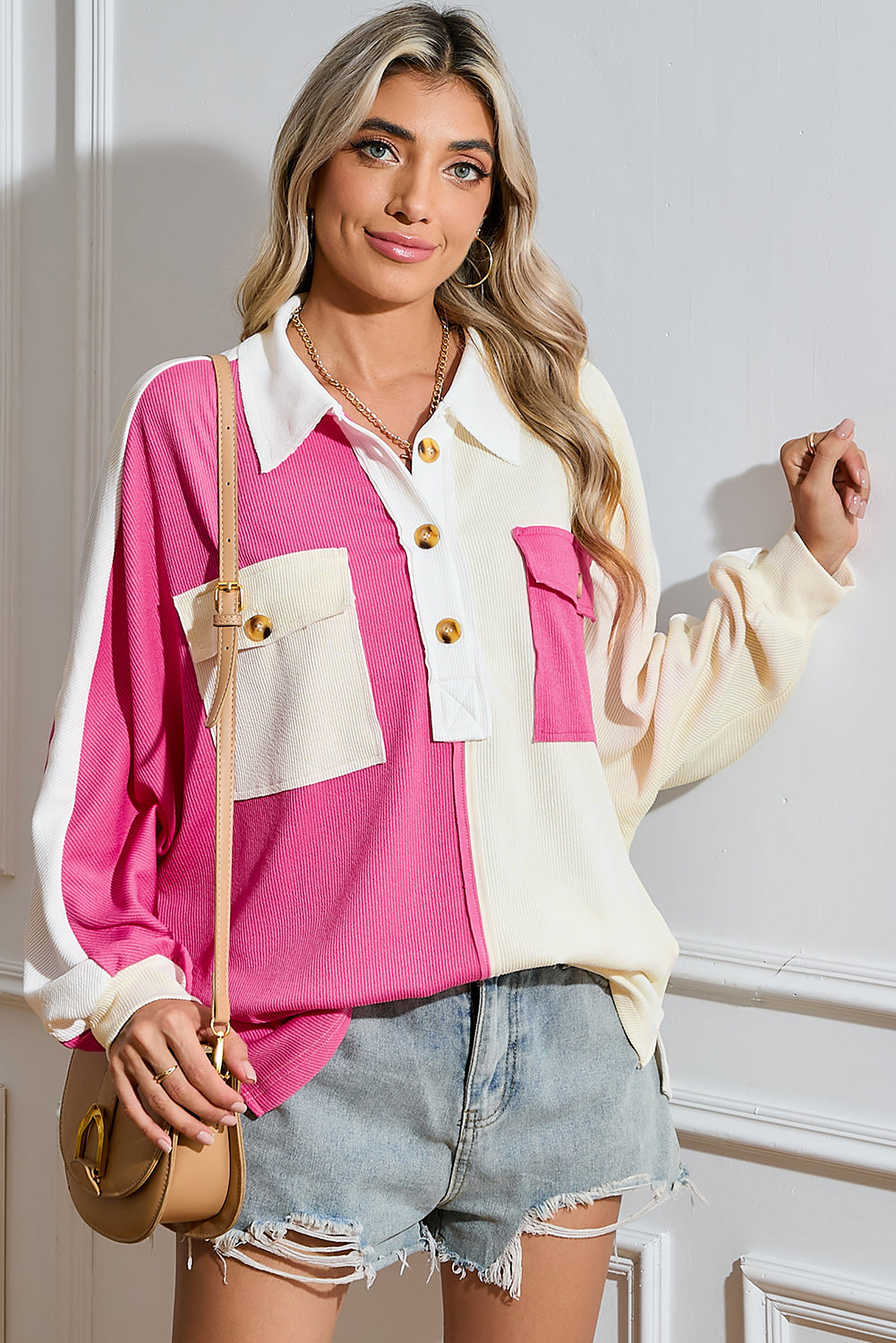 Rose Red Colorblock Patchwork Ribbed Oversized Henley Sweatshirt