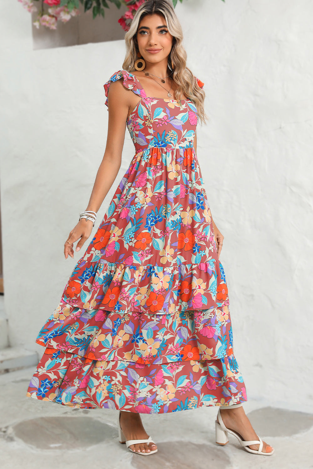 Pink Floral Print Sleeveless Ruffle Tiered Maxi Dress