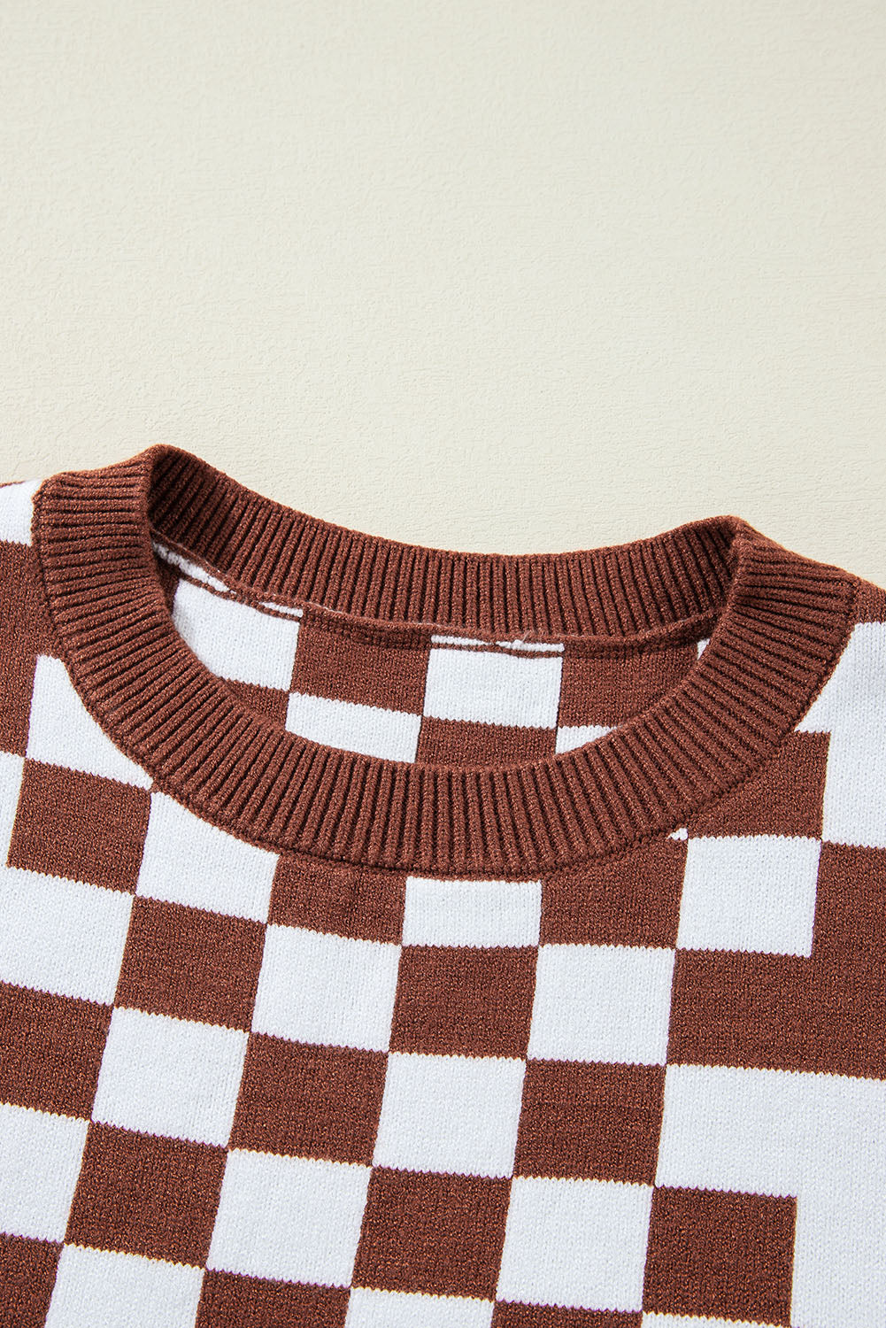 Khaki Checkered Drop Shoulder Round Neck Sweater