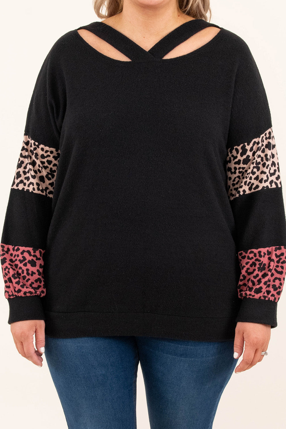 Black Plus Size Leopard Patchwork Strappy Neck Top