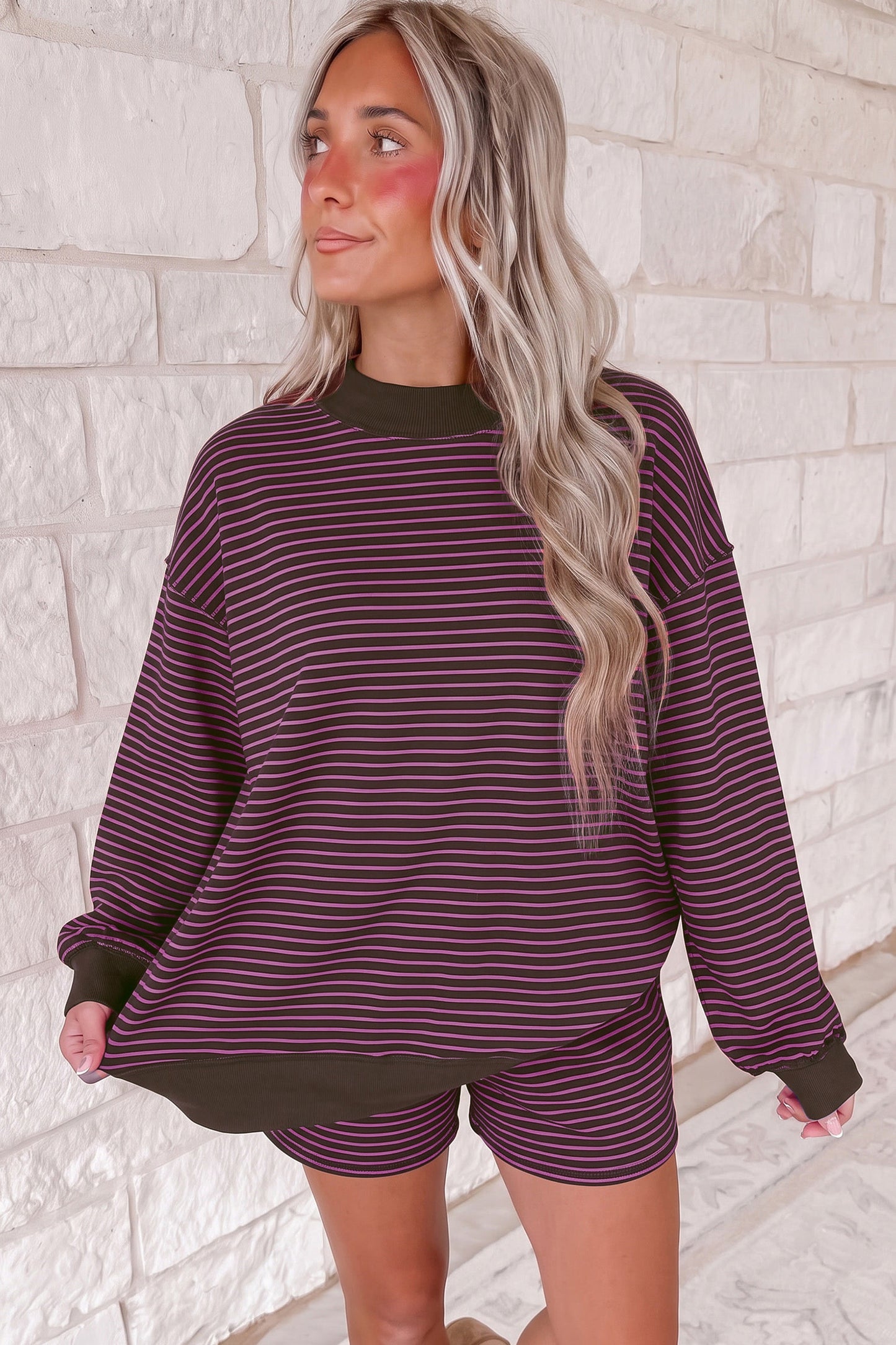 Brown Ribbed Patchwork Mock Neck Baggy Pullover Matching Shorts Set