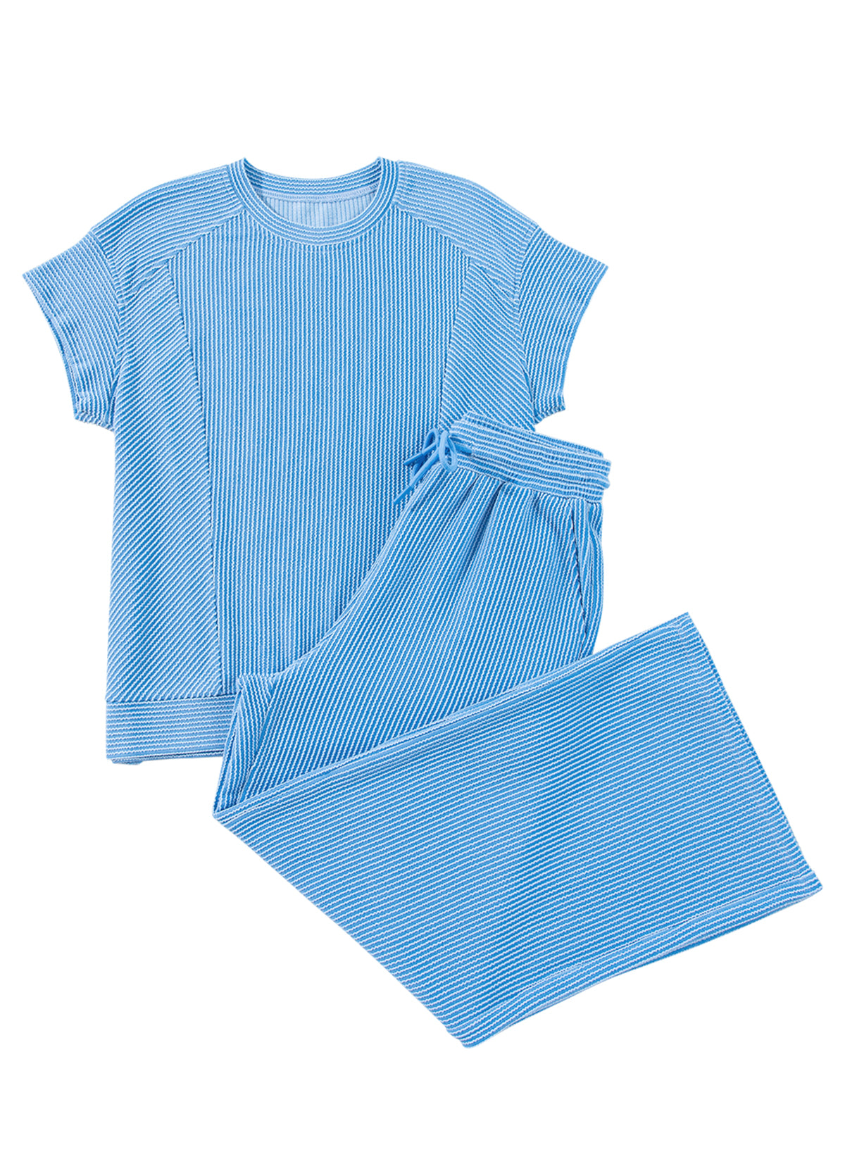 Blue Solid Corded Short Sleeve T Shirt and Wide Leg Pants Set