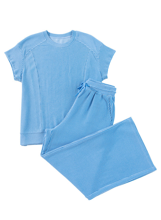 Blue Solid Corded Short Sleeve T Shirt and Wide Leg Pants Set