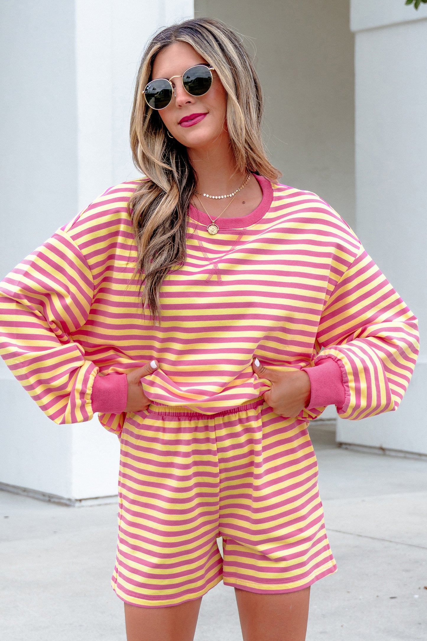 Yellow Stripe Color Block Trim Round Neck Long Sleeve Top Casual Shorts 2pcs Set