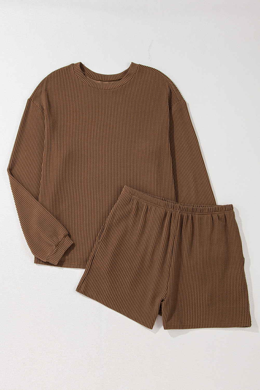 Chestnut Corded Long Sleeve Top and High Waist Shorts Set