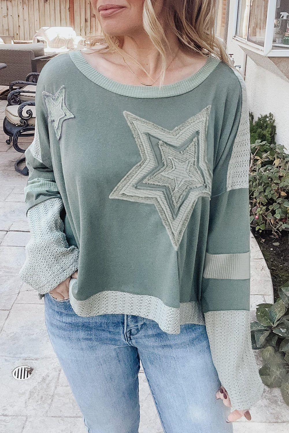 Mist Green Stars Patchwork Round Neck Plus Size Top