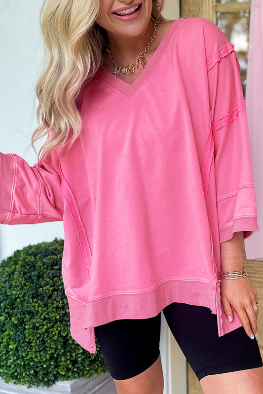 Pink Exposed Seam V Neck T-Shirt