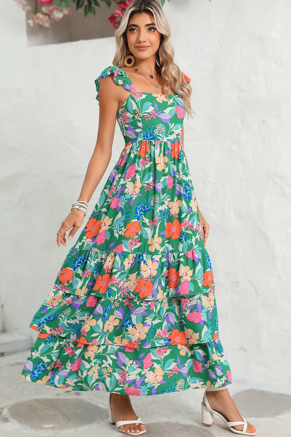 Pink Floral Print Sleeveless Ruffle Tiered Maxi Dress