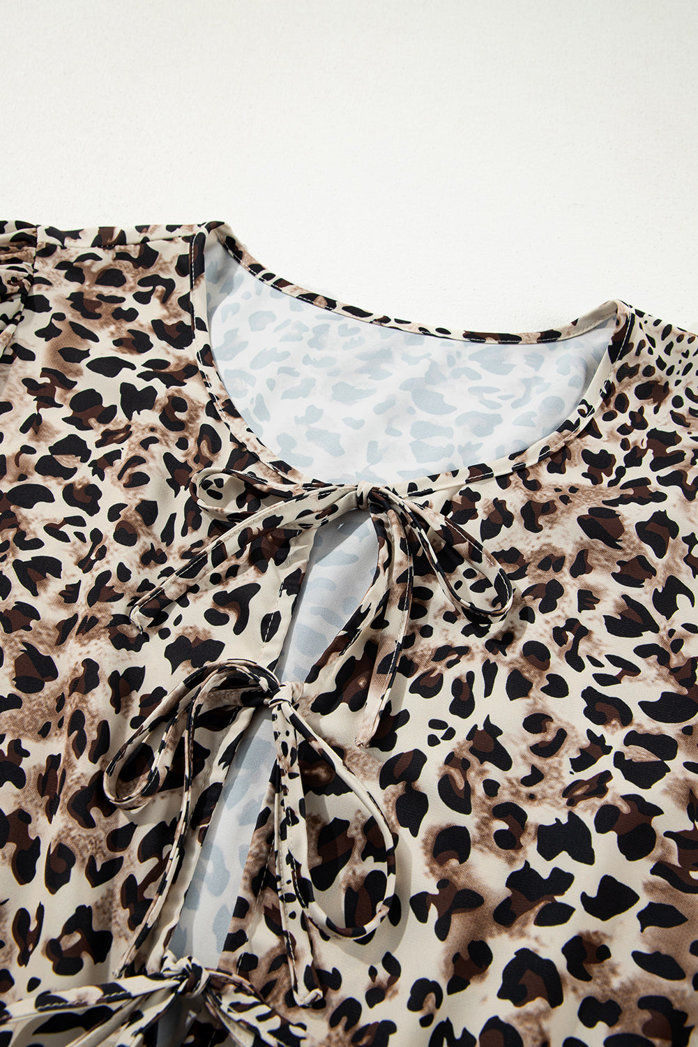 Khaki Leopard Print 3/4 Sleeve Lace-up Ruffle Plus Size Blouse