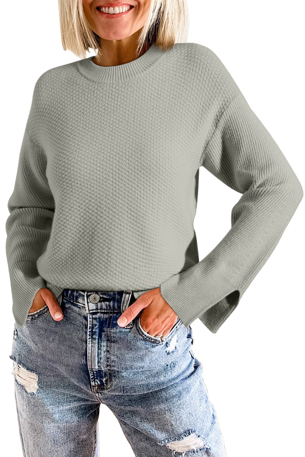 Parchment Solid Textured Knit Split Cuff Drop Shoulder Sweater