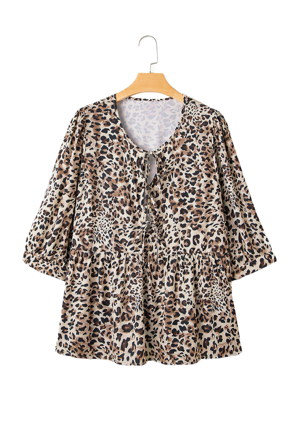 Khaki Leopard Print 3/4 Sleeve Lace-up Ruffle Plus Size Blouse