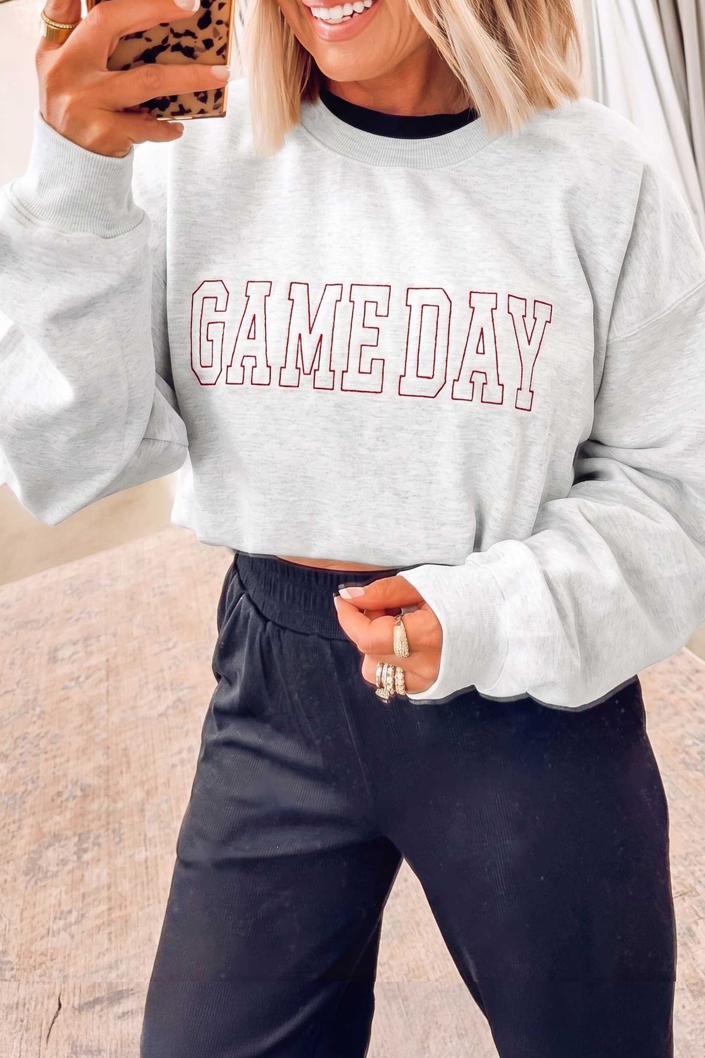 Light Grey Game Day Letter Embroidery Long Sleeve Round Neck Sweatshirt