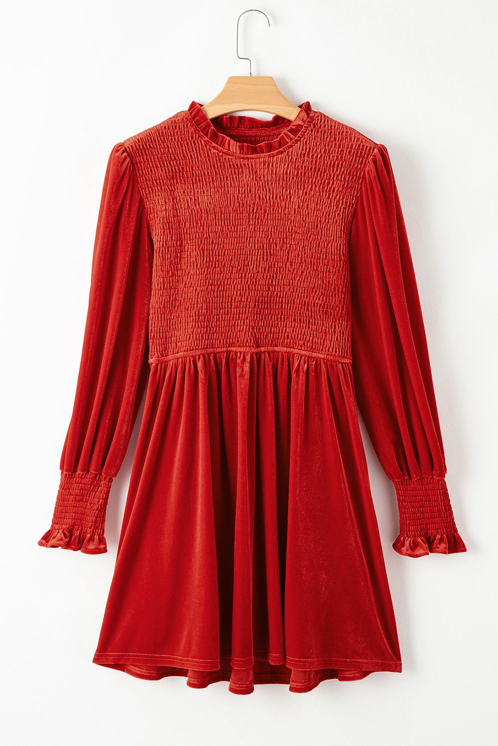 Rose Red Smocked Lantern Sleeve Frilled Velvet Dress