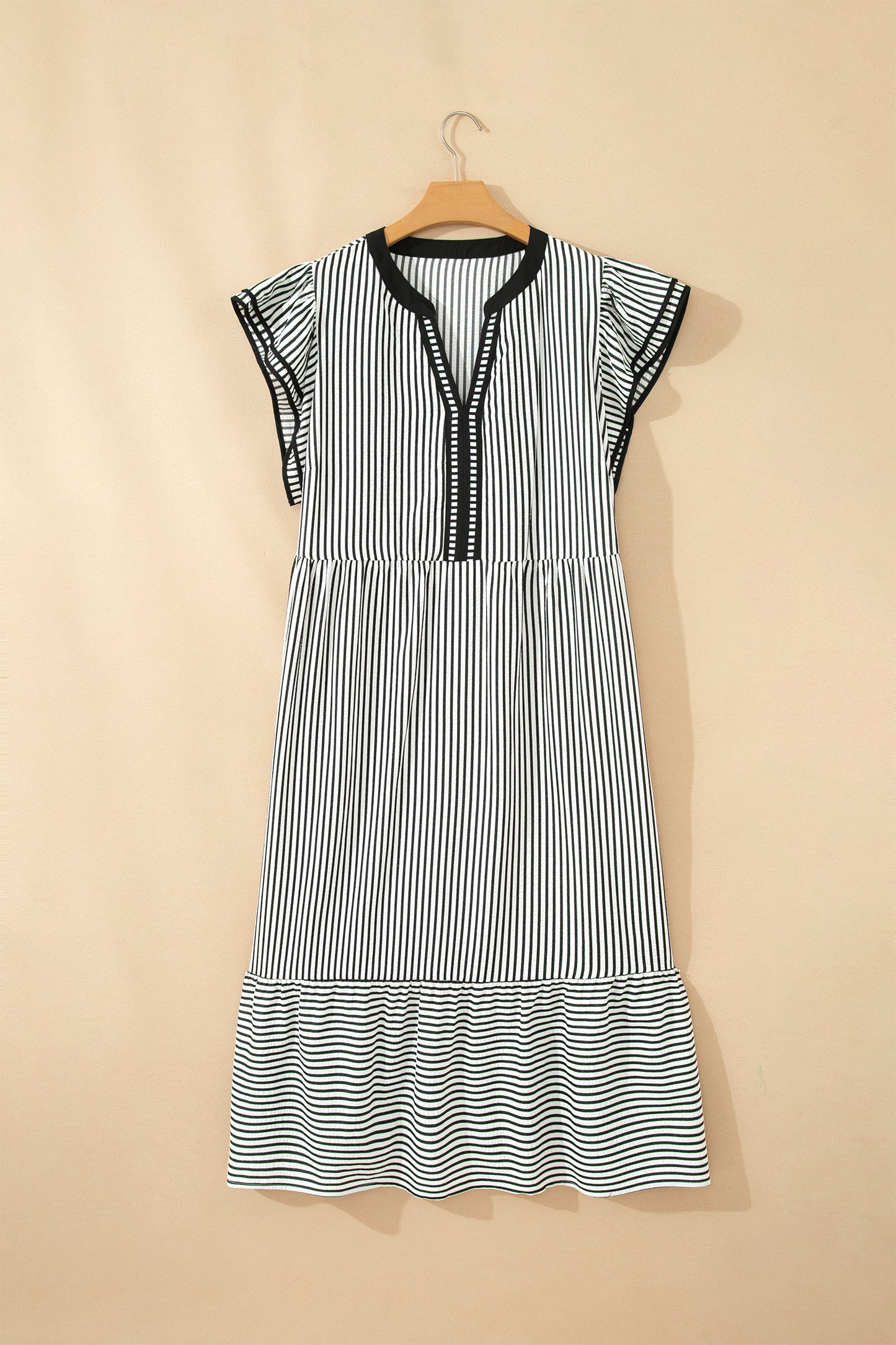 Black Stripe Plus Size Slit V Neck Tiered Flutter Sleeve Maxi Dress