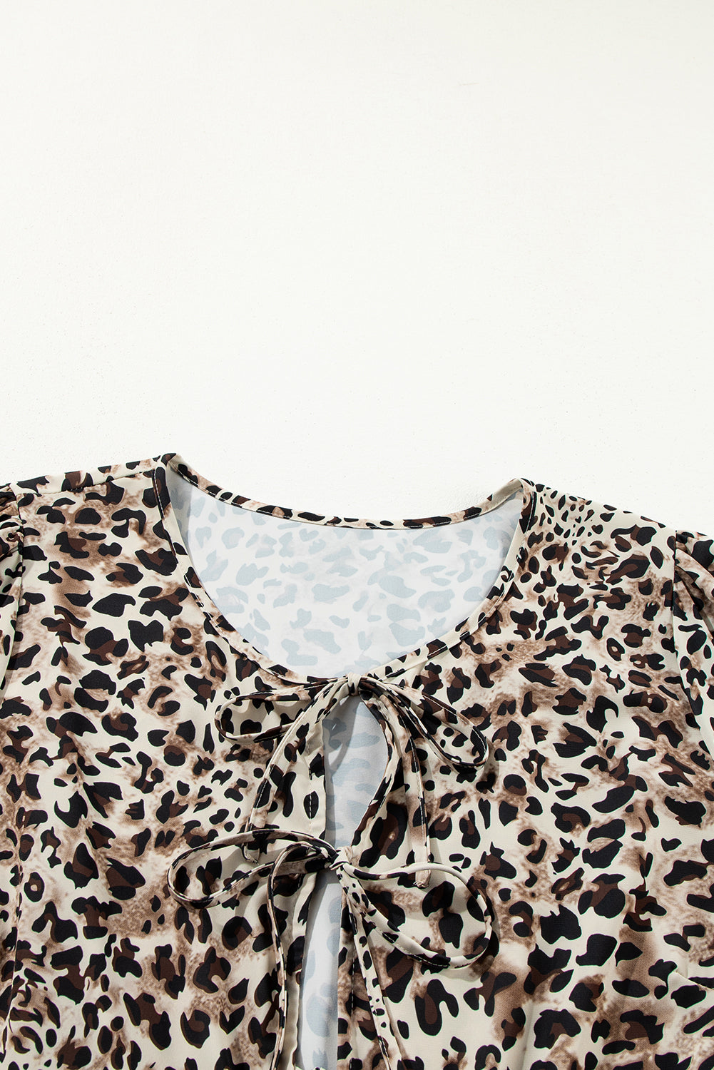 Khaki Leopard Print 3/4 Sleeve Lace-up Ruffle Plus Size Blouse