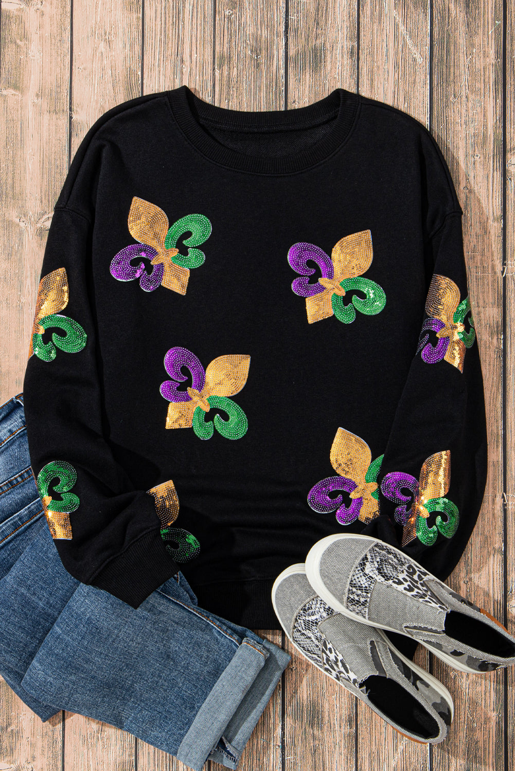 Khaki Sequin MARDI GRAS Graphic Pullover Sweatshirt