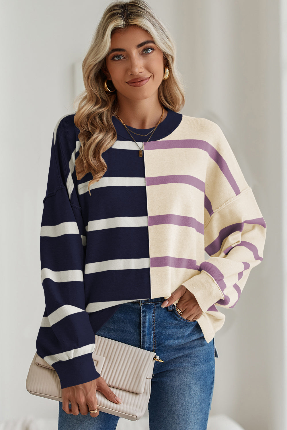 Khaki Stripe Exposed Seam Loose Sweatshirts