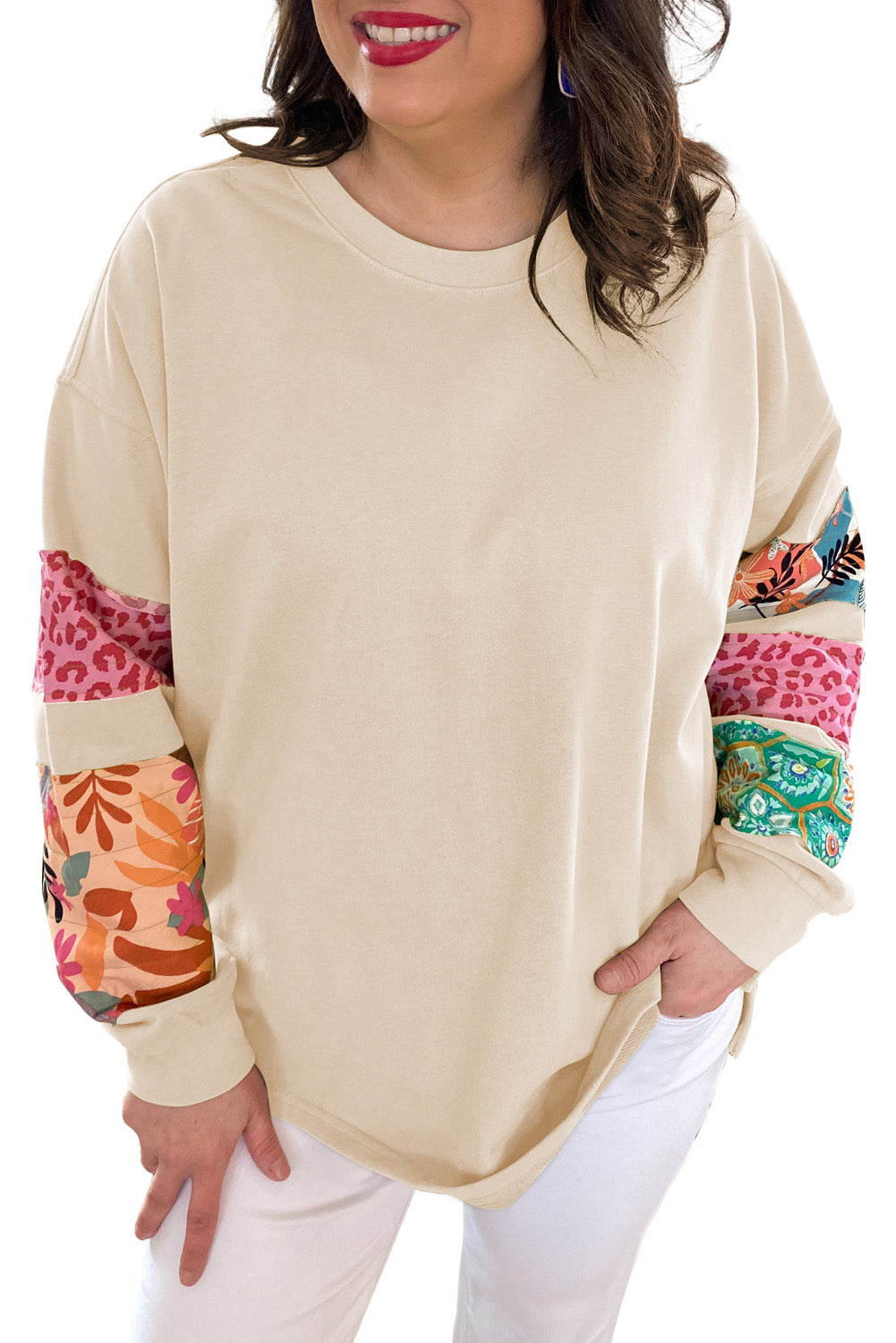 Rose Red Leopard Patchwork Sleeve Split Plus Sweatshirt