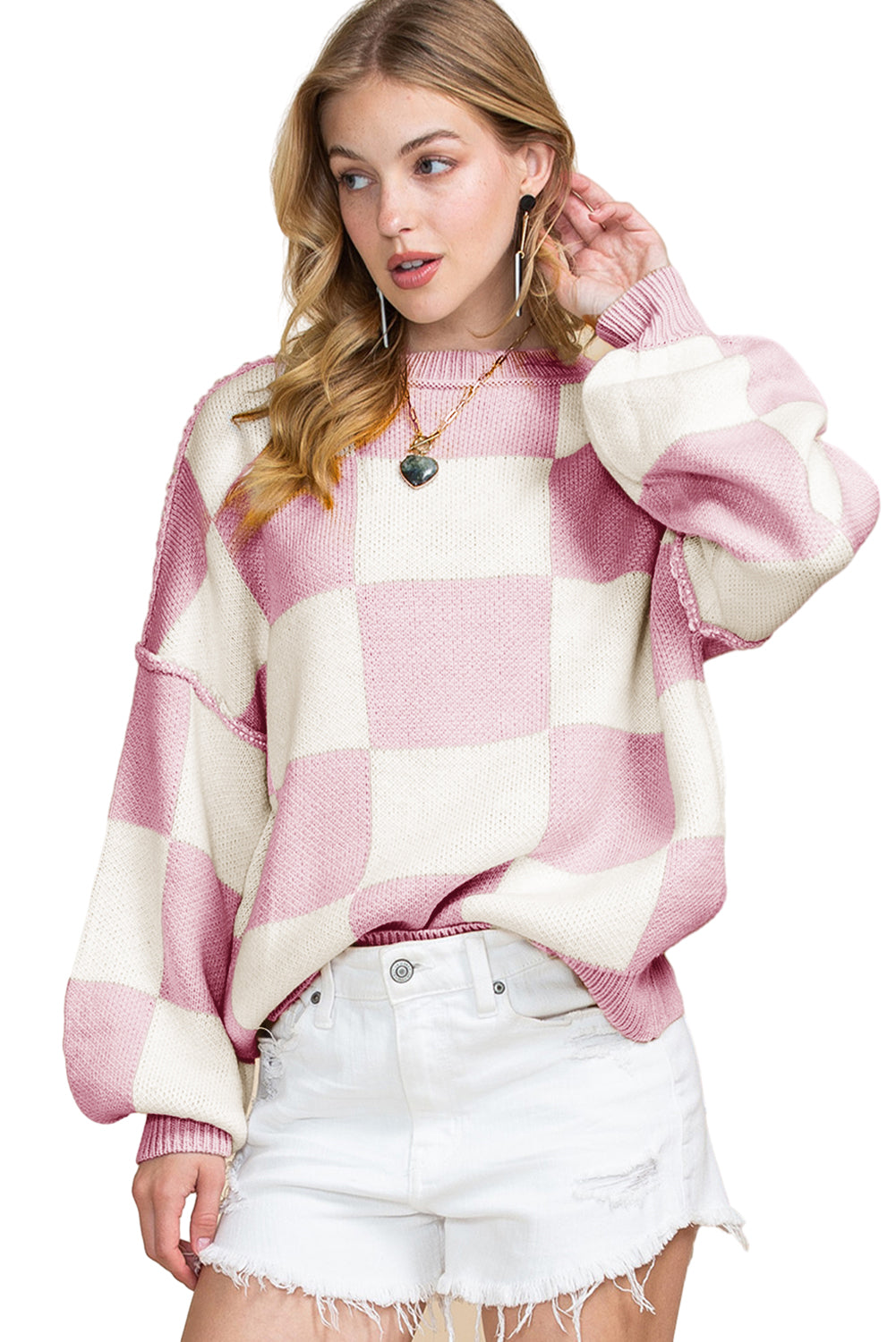 Rose Checkered Bishop Sleeve Pullover Sweater