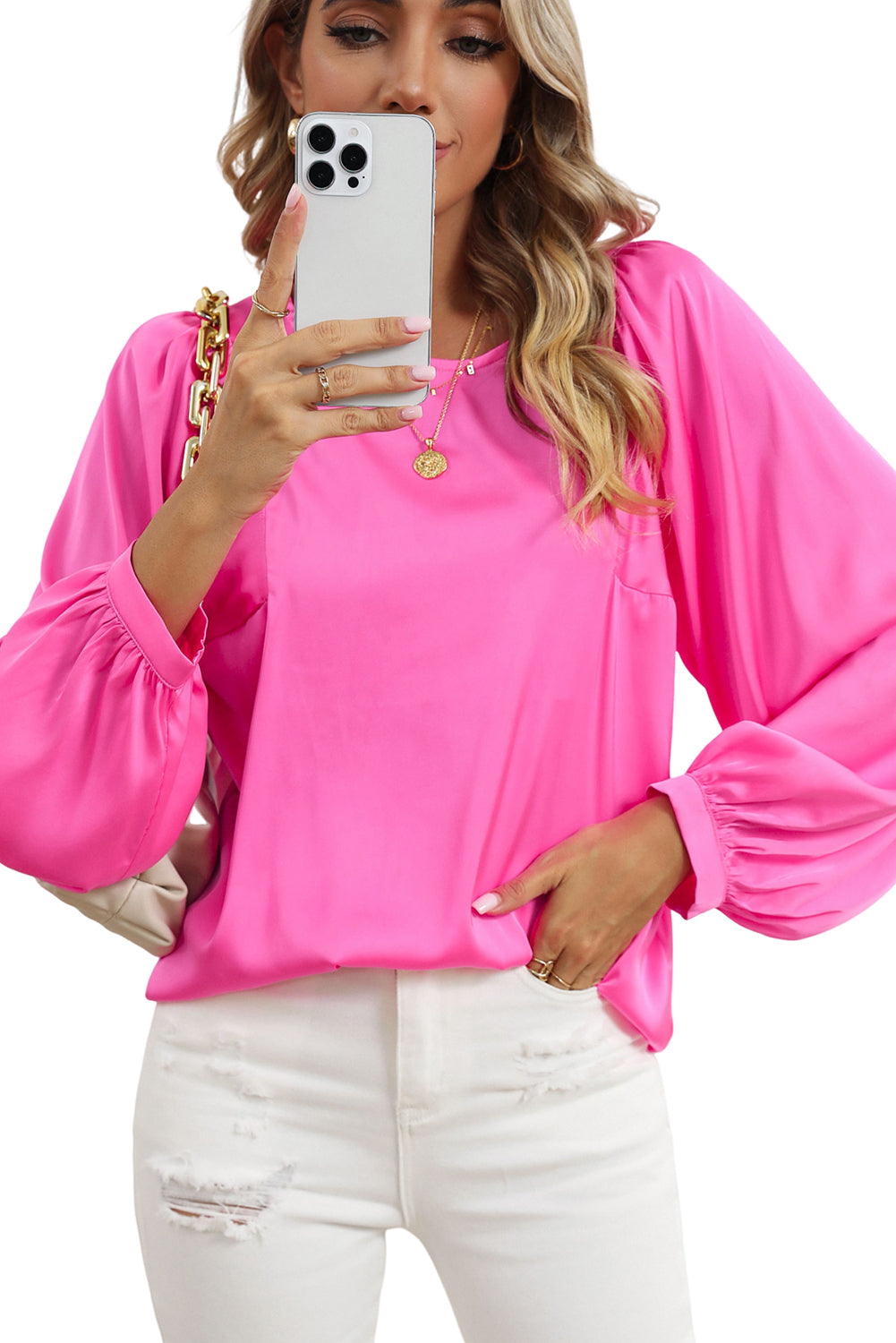 Pink Plain Satin Puff Long Sleeve Crewneck Blouse