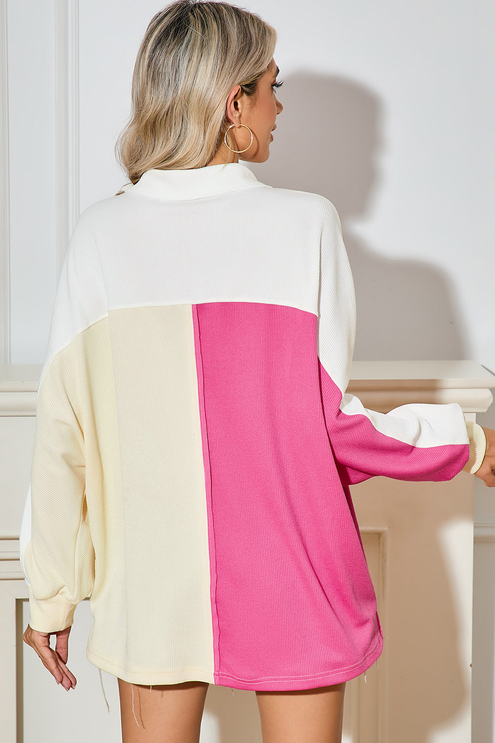 Rose Red Colorblock Patchwork Ribbed Oversized Henley Sweatshirt